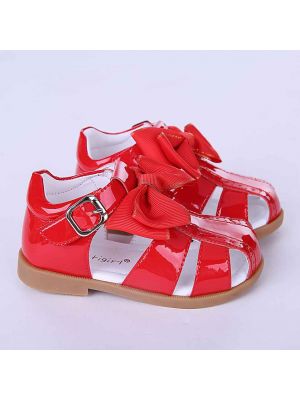Red Fashion Microfiber Leather Girls Sandals Shoes With Handmade Bow-knot