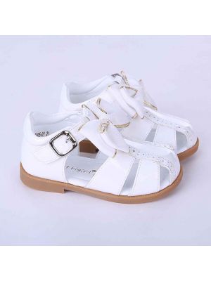 White Fashion Microfiber Leather Girls Sandals Shoes With Handmade Bow-knot