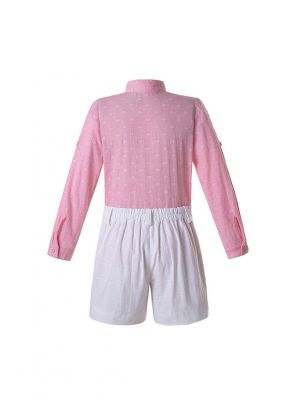 Pink Boys Clothing Set Stand Collar With Pleated Shirt And white Shorts Kids Clothes