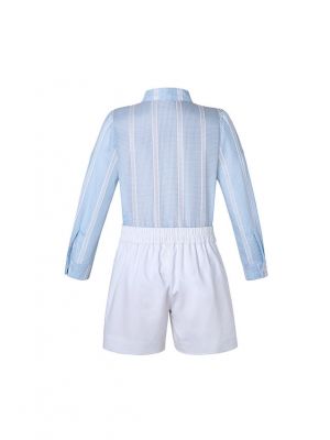 Light Blue Stripe Stand Collar Boy Clothing Set + White Shorts