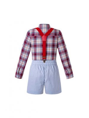 Boy's Autumn Suit Plaid Shirt + Strap Shorts