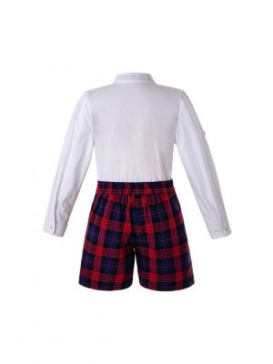 Autumn Boys Clothing Sets White Shirt + Red Grid Shorts