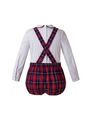 Boys Clothing Set Stand Collar White Polka Dot Shirt + Red Grid Strap Shorts