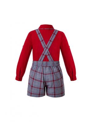 Party Boutique Kids Boys Clothing Sets Red Shirt + Grey Grid Suspenders Shorts