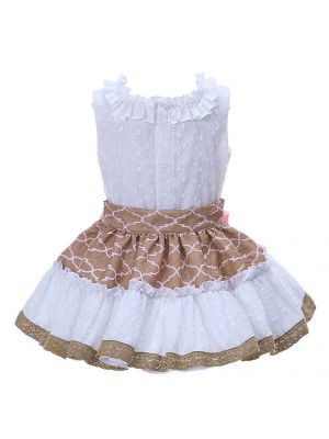 White Jacquard Sleeveless Tops+Brown Lace Skirt 1308