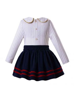 Striped England Style Clothing Sets Blouse + Royal Blue Skirt