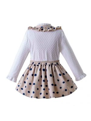 Girls Long Sleeve White Blouse With Blue Dot Khaki Skirt