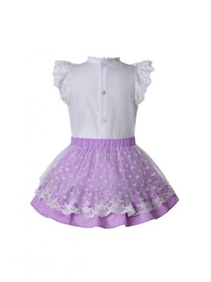 Purple Heart-shape Mesh Flower babies Clothing Set White Shirt + Purple Skirt