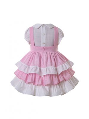 3 pieces Girls Pink Clothing Set White Blouse + Pink Layered Dress + Handmade Headband