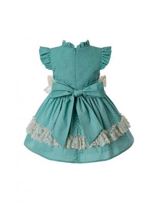 3 Pieces Baby Lace Bows Mint Green Dress + Bloomers + Bonnet