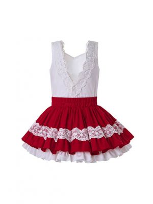 2020 Summer Girls Clothing Set Red Lace Shirt + Red Princess Skirt +Hand Headband