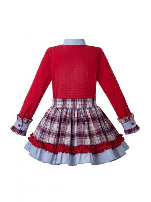 3 Pieces Girl Autumn Red Cut-Flower Cotton Top + Plaid Ruffle Skirt + Handmade Headband