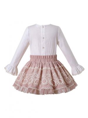 3 Pieces Girls Autumn Light Pink Cotton Top + Lace Skirt + Hand Headband