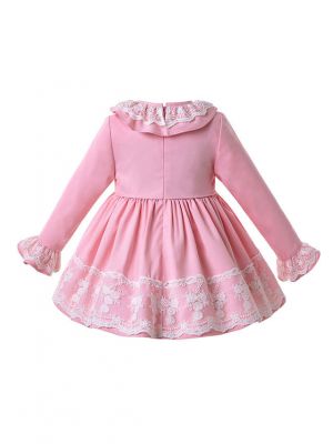 3 Pieces Babies Light Pink Autumn Lace Dress + Bloomers + Cute Bonnet