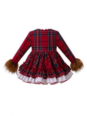 3 Pieces Babies Faux Fur Sleeve Vintage Vestidos Plaid Elegant Princess Dress + Bloomers + Hat