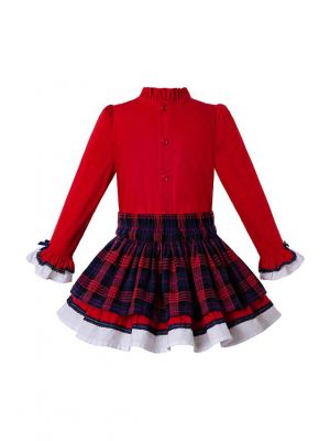 Party Girls Clothing Set Red Shirt With Bow + Red Grid Skirts + Hand Headband