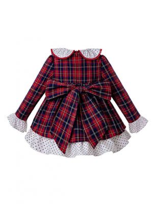 3 Pieces Babies Navy Blue & Red Grid Dress + Bloomers + Bonnet
