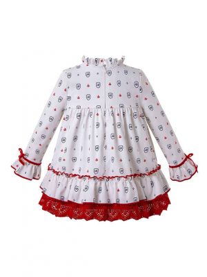 3 Pieces Autumn White Print Kids Babies With Red Bow Dress + Bloomers + Hat