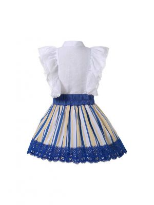 Girls White Shirt + Blue Lace Skirt 2-Piece Summer Clothes Set