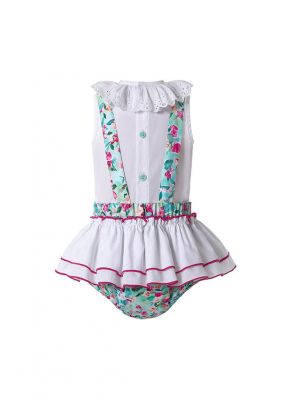 3-piece Sleeveless White Top and Floral Patterns Shorts + Handmade Headband