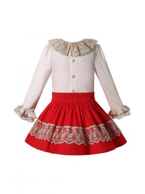 Double-layered Collar White Top + Red Skirt Girls Clothes Set with Handmade Headband