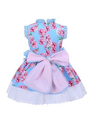 Blue Bow Summer Girls Flower Lace Dress  1310