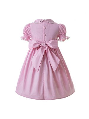 (UK Only)Pink Party Girls Doll Collar Handmade Embroidered Smocked Dresses