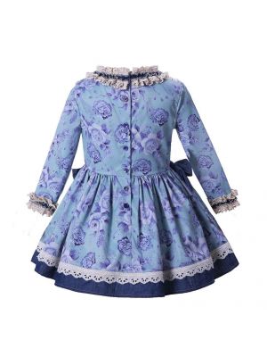 Girl Blue Flower Vintage Dress With Headband D12