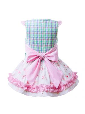 Girls Mix Color Grid Flower Print Dresses B246