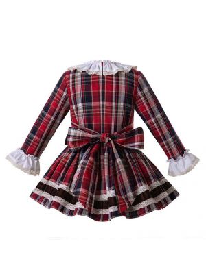 Wine Red Baby Girls Cotton Autumn Grid Dress with Headwear C59