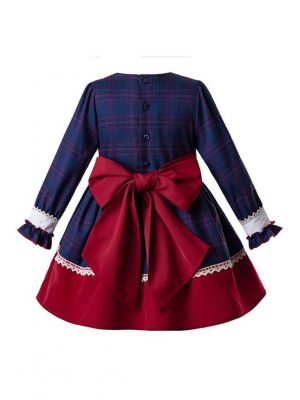 2019 New Long Sleeve Blue Dress+Buttom Red + Headband