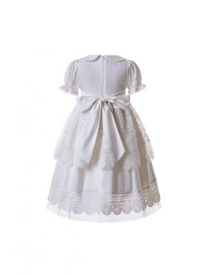 White Embroidery Doll Collar Communion Solid Party Layers Girl Long Dress With Headband 