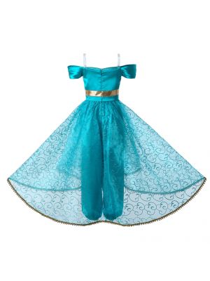 Summer Jasmine Princess Dress up Costume Cosplay Aladdin Halloween Party Fantasy Kids Clothes for Girls + Crown Veil 