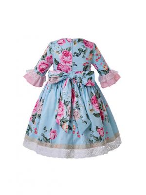 Birthday Boutique Kids Blue Flower lace Printed Bows Girl Dress With Headband