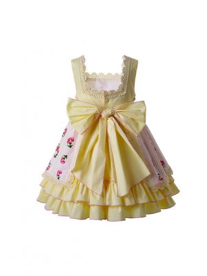 Girls Yellow Floral Pattern Sleeveless Long Dress + Handmade Headband