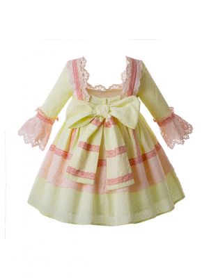 Girl Yellow And Pink Flower Lace Long Dress + Handmade Headband