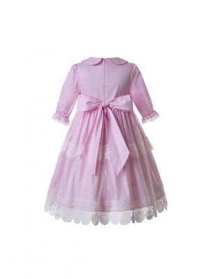 Wedding Party Lace Communion Pink Dot Flower Girl Long Dress With Headband