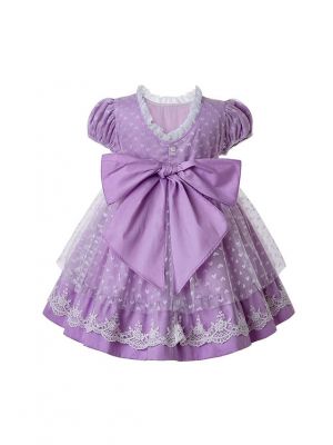 Summer Purple Heart-shaped Mesh Princess Dresses For Girls With Bow And Double Flowers 