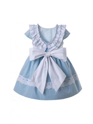 Bule Summer Party Wedding Party Baby Dress Sky Blue Dresses With Bows Kids Clothing + Handmade Headband                                                                                                            