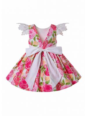 New Princess Flower With Pink Bows Summer Lace Girl Dress + Handmade Headband  