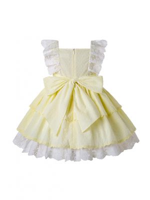 Light Yellow With Lace And Fly Sleeve Boutique Summer Girls Dress + Handmade Headband  