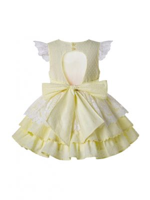 Light Yellow Girls With Pink Flowers Kids Princess Dress + Handmade Headband  