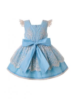 Girls Summer Blue Flower Wedding Party Dress With Layered Lace + Handmade Headband