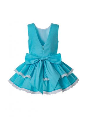 Girls Summer White Flower Blue Cotton Lace Sleeveless Party Dress + Handmade Headband