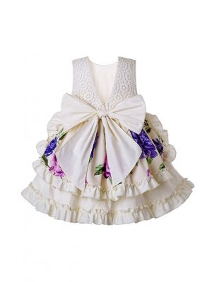 2020 White Flowers Pattern Printed Girls Dress +Hand Headband