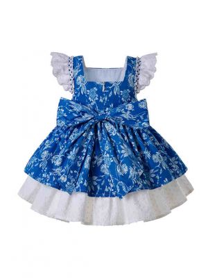 Babies Summer Flower Blue dress With White Bow + Handmade Headband