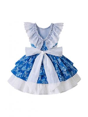 Fancy Flower Printed Sleeveless Wedding Party Girls Dress + Handmade Headband