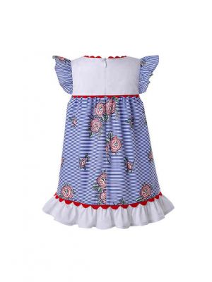 Baby Bule Summer Printed Ruffled Dress Toddler Puff Sleeve Festival Dress + Handmade Headband