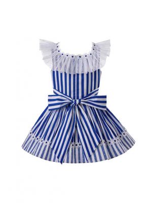 Girls Summer Deep Blue Cotton Flower Lace Stripe Princess Dress With Blue Bows + Handmade Headband