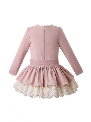 Light Pink Girls Autumn Dress With White Layered Lace + Hand Headband